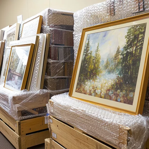 uhlhorn-spezialtransporte-kunsttransport-gemaelde Uhlhorn Spezialtransporte: gerahmte Gemälde sicher in Luftpolsterfolie verpackt, professioneller Kunsttransport, empfindliche Ware.